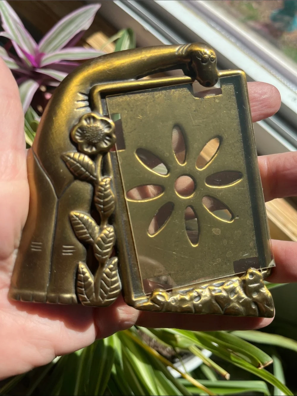 2 Vtg Sears Portrait Studio Dinosaur Sunflower Picture Frames Gold Tone Brass